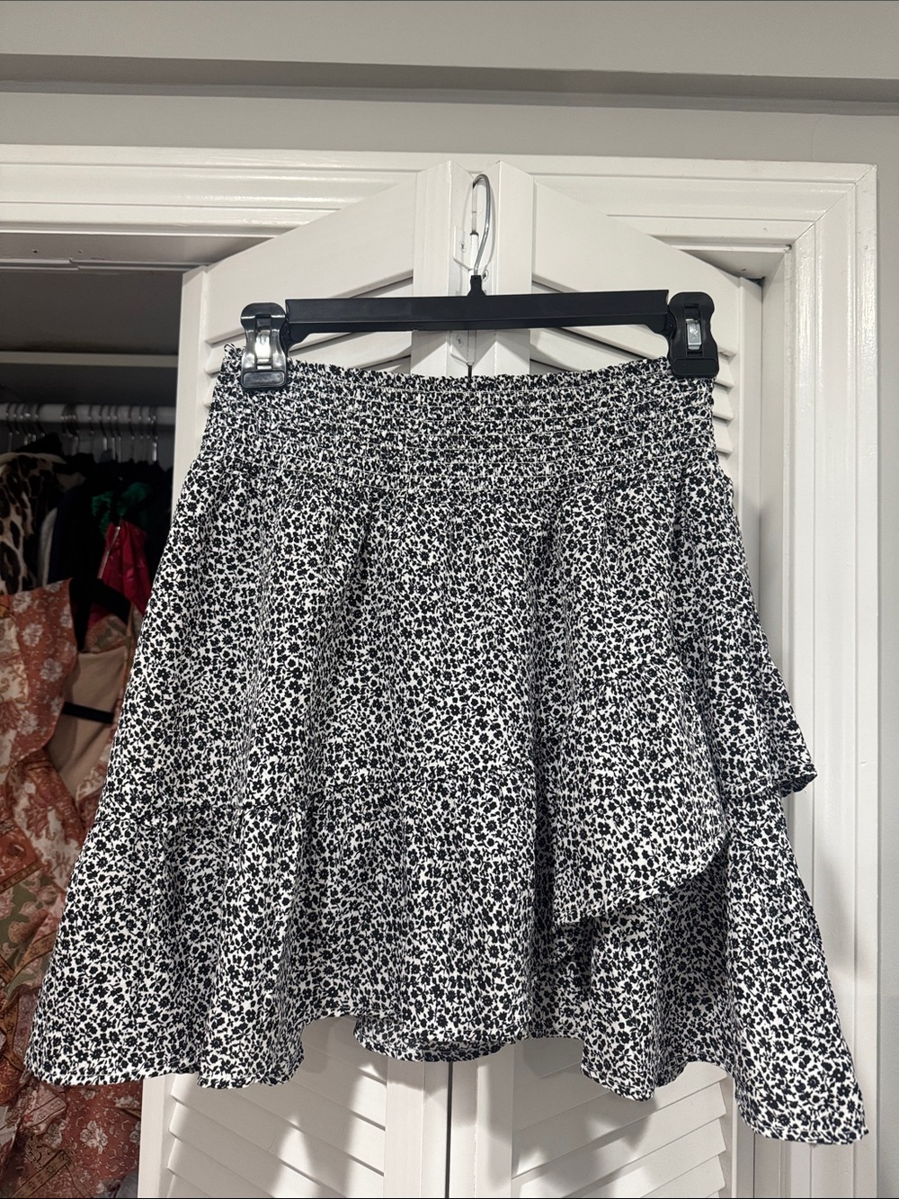 Altar'd State Black and White Ditsy Tiered Mini Skirt